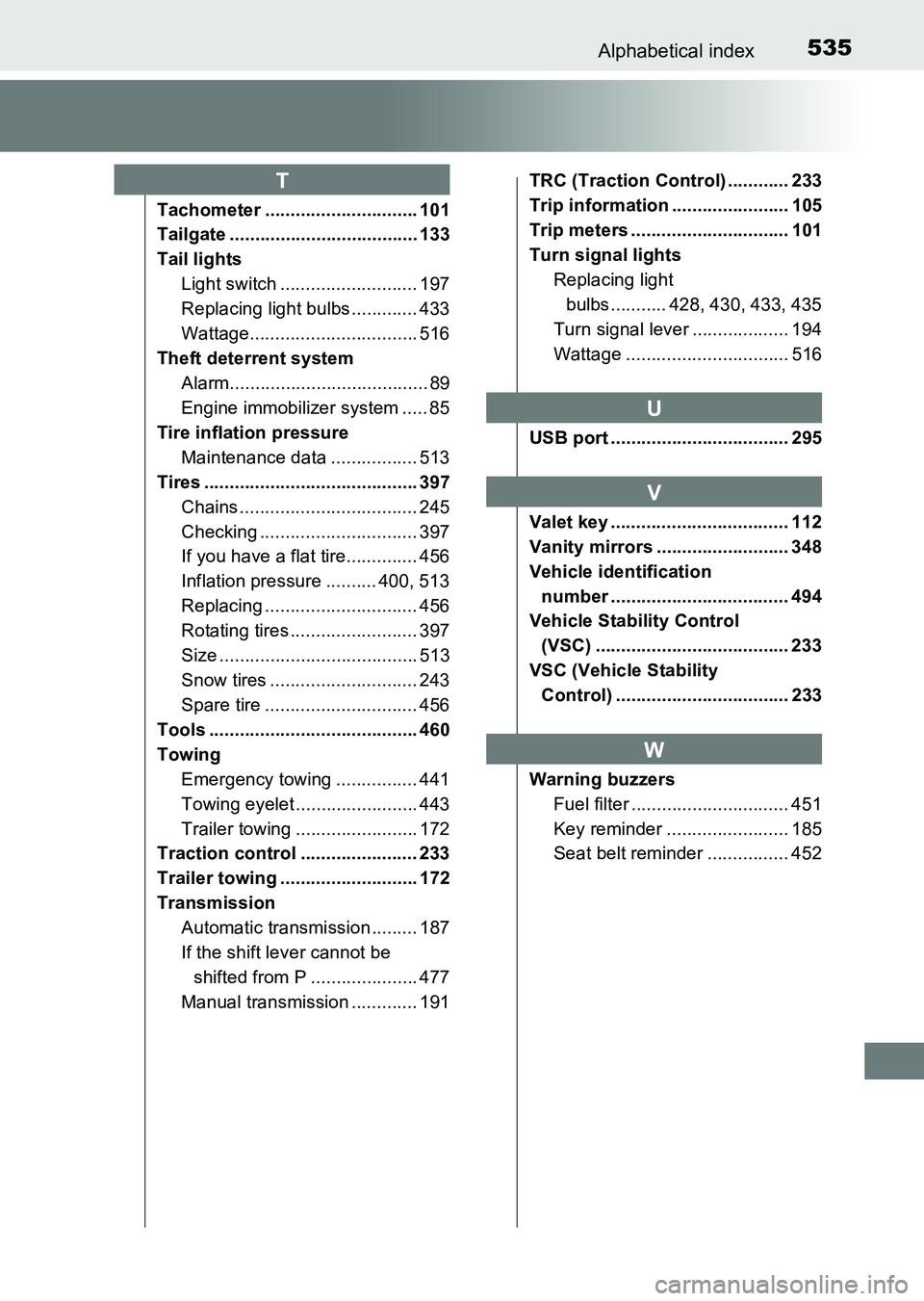 TOYOTA HILUX 2015  Owners Manual (in English) 535Alphabetical index
HILUX_OM_OM0K219E_(EE)
Tachometer .............................. 101
Tailgate ..................................... 133
Tail lightsLight switch ........................... 197
Re