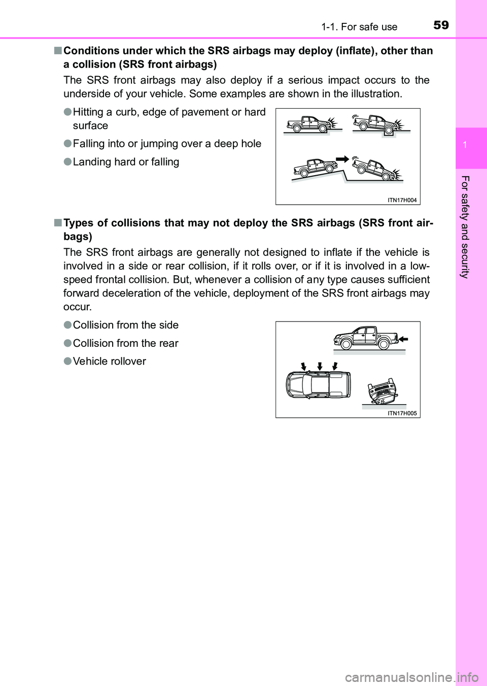 TOYOTA HILUX 2015   (in English) Workshop Manual 591-1. For safe use
1
HILUX_OM_OM0K219E_(EE)
For safety and security
■Conditions under which the SRS airbags may deploy (inflate), other than
a collision (SRS front airbags)
The SRS front airbags ma