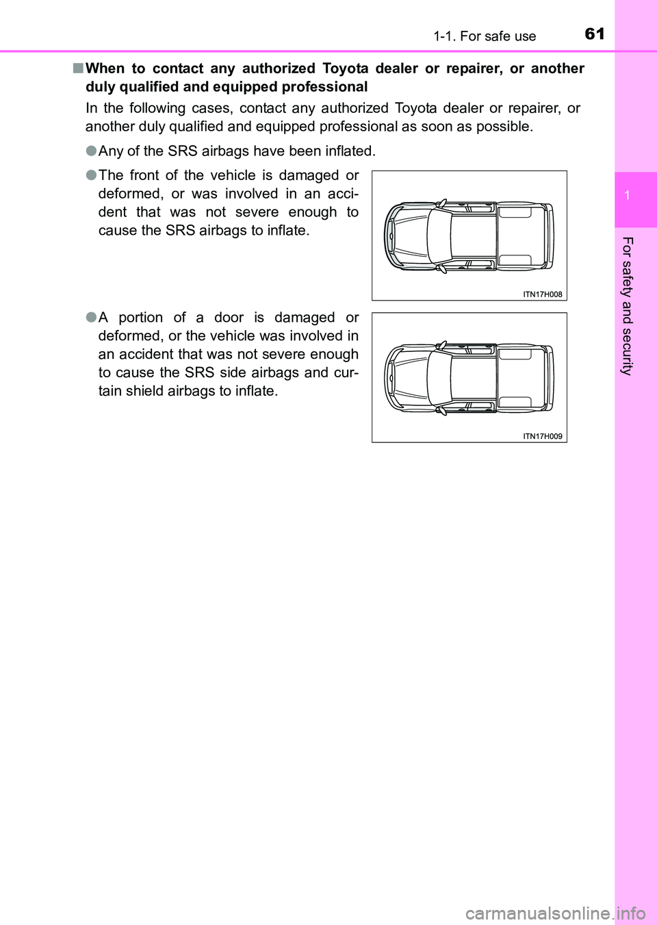TOYOTA HILUX 2015   (in English) Repair Manual 611-1. For safe use
1
HILUX_OM_OM0K219E_(EE)
For safety and security
■When to contact any authorized Toyota dealer or repairer, or another
duly qualified and equipped professional
In the following c