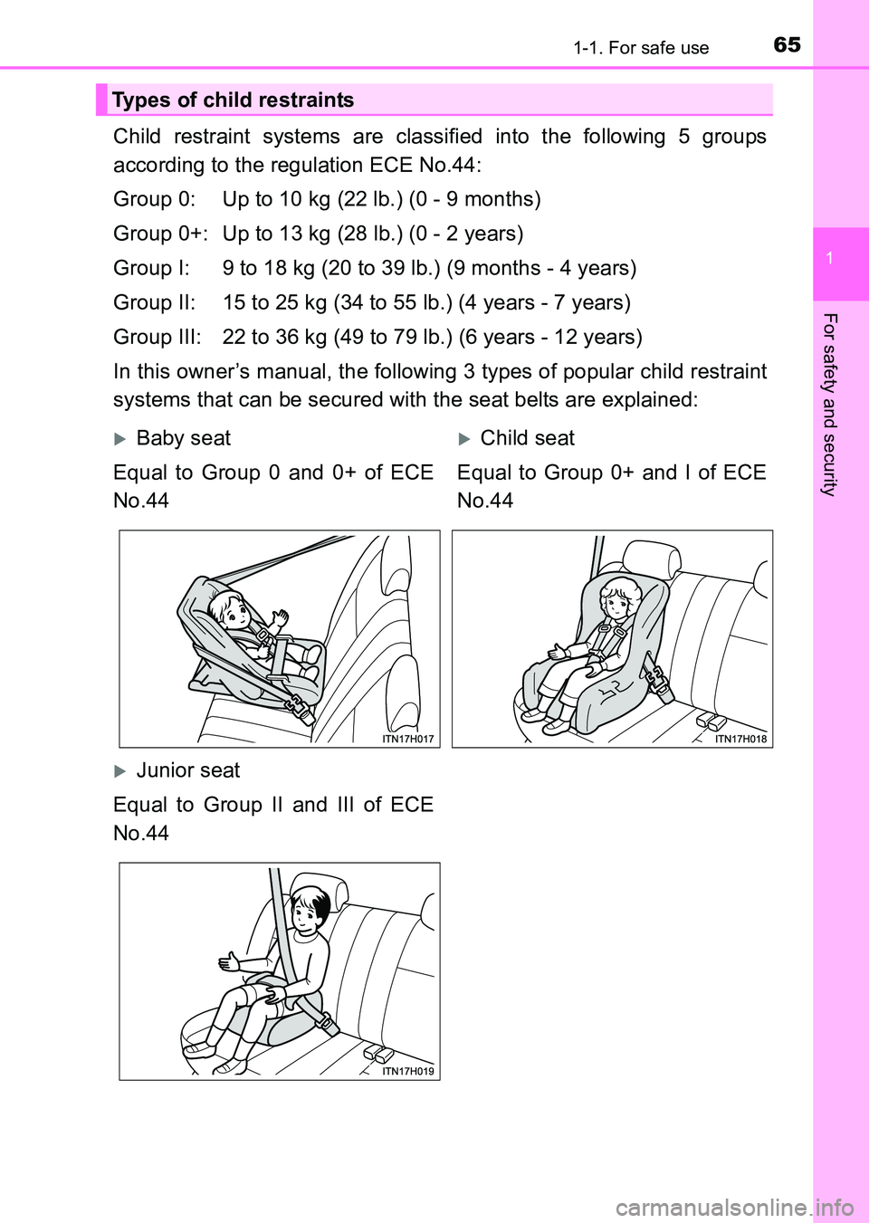 TOYOTA HILUX 2015   (in English) Repair Manual 651-1. For safe use
1
HILUX_OM_OM0K219E_(EE)
For safety and security
Child restraint systems are classified into the following 5 groups
according to the regulation ECE No.44:
Group 0: Up to 10 kg (22 