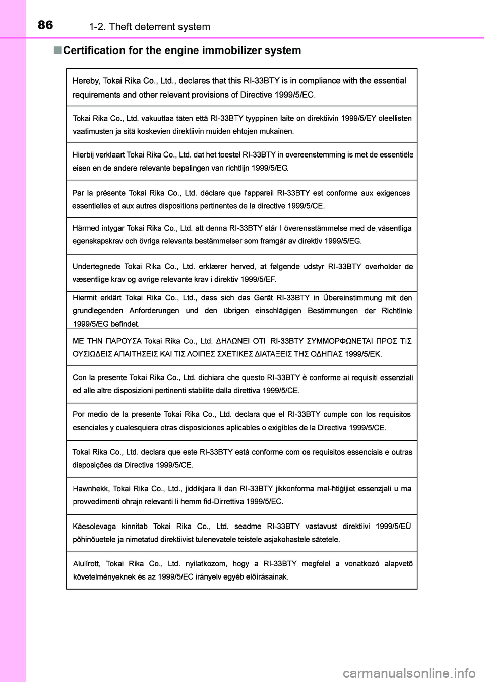 TOYOTA HILUX 2015   (in English) Manual Online 861-2. Theft deterrent system
HILUX_OM_OM0K219E_(EE)■
Certification for the engine immobilizer system
HILUX_OM_OM0K219E_(EE).book  Page 86  Wednesday, May 14, 2014   3:06 PM 