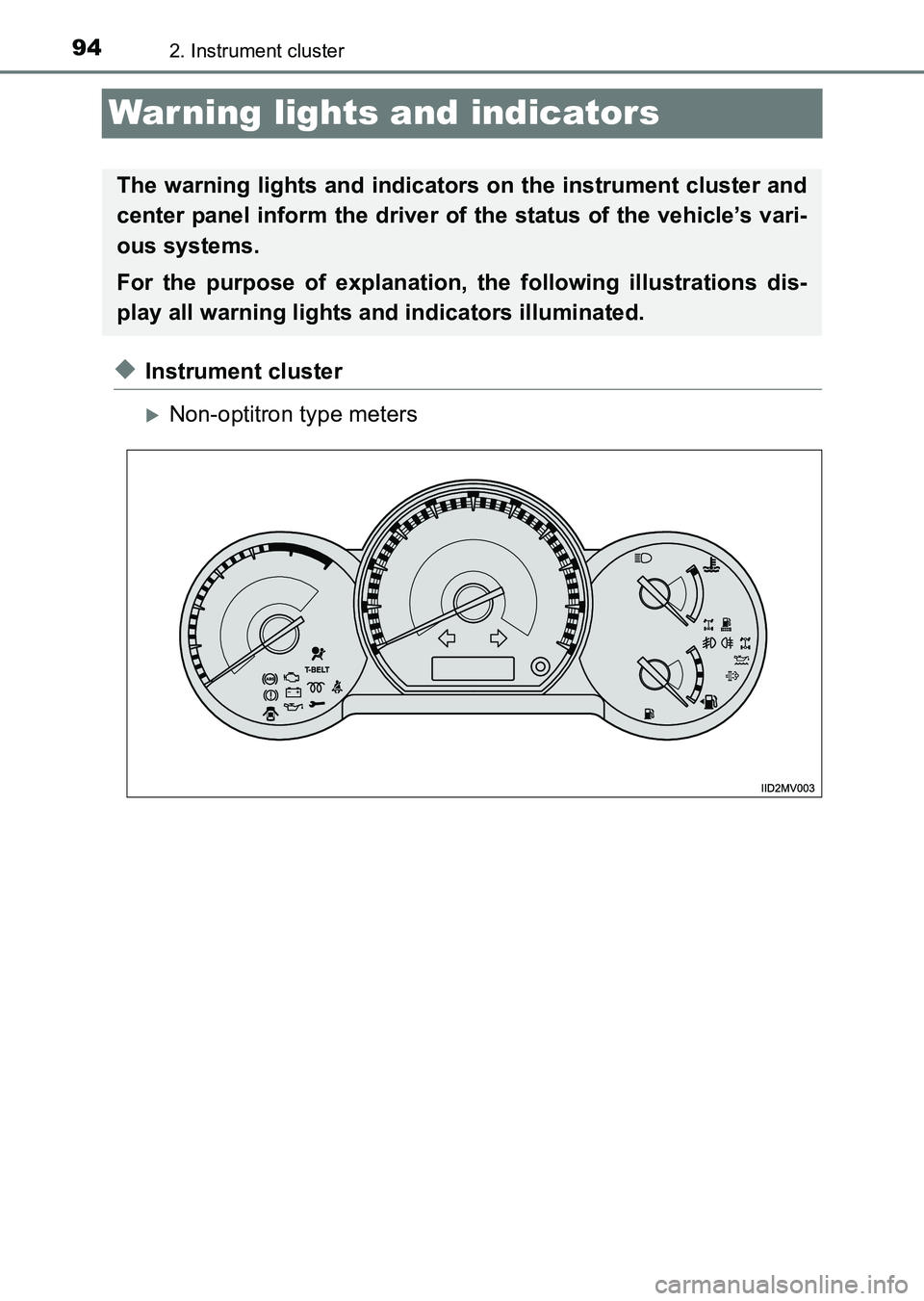 TOYOTA HILUX 2015  Owners Manual (in English) 942. Instrument cluster
HILUX_OM_OM0K219E_(EE)
Warning lights and indicators
◆Instrument cluster
�XNon-optitron type meters
The warning lights and indicators on the instrument cluster and
center pan