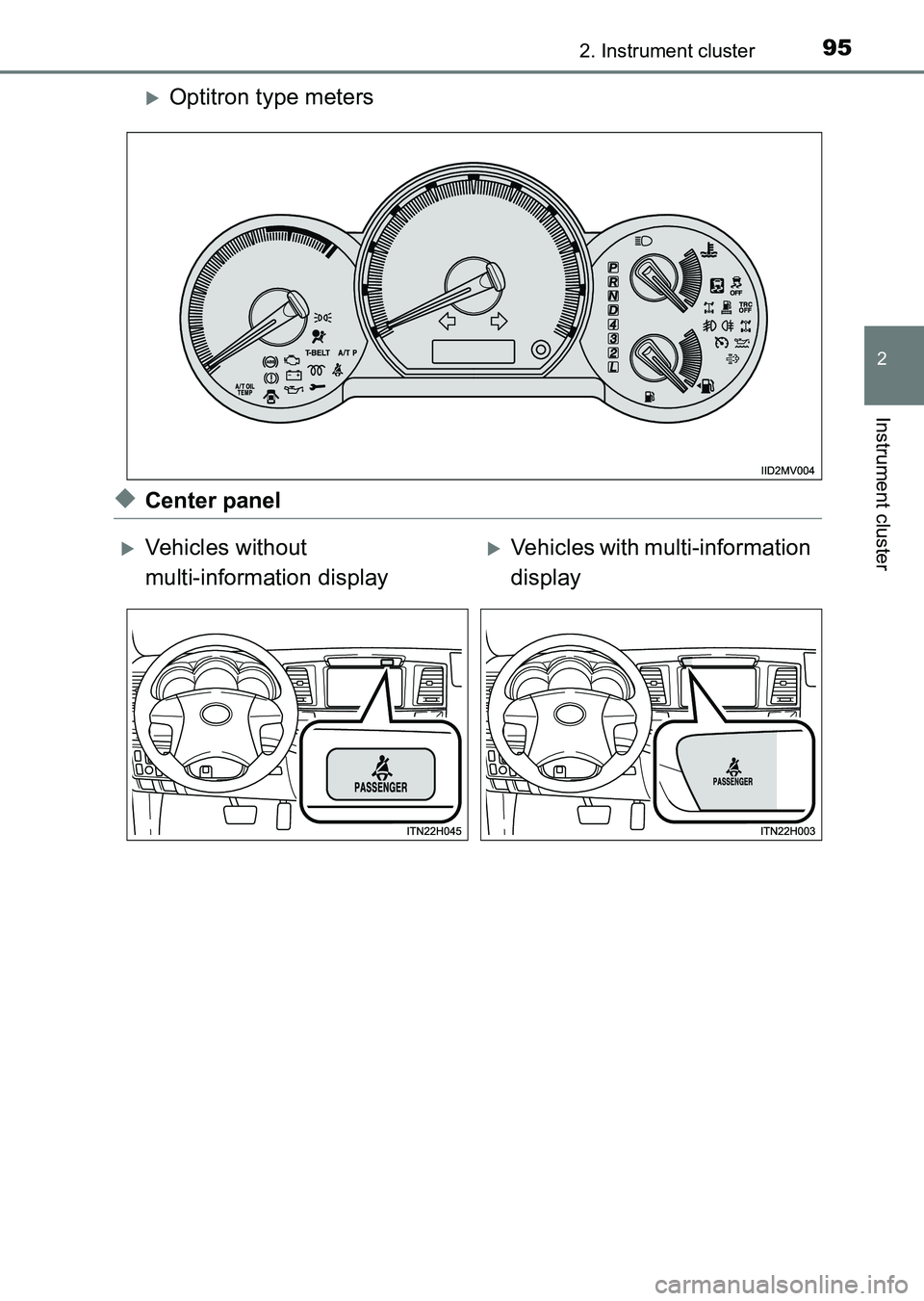 TOYOTA HILUX 2015  Owners Manual (in English) 952. Instrument cluster
2
Instrument cluster
HILUX_OM_OM0K219E_(EE)
�XOptitron type meters
◆Center panel
�XVehicles without 
multi-information display�XVehicles with multi-information 
display
HILUX
