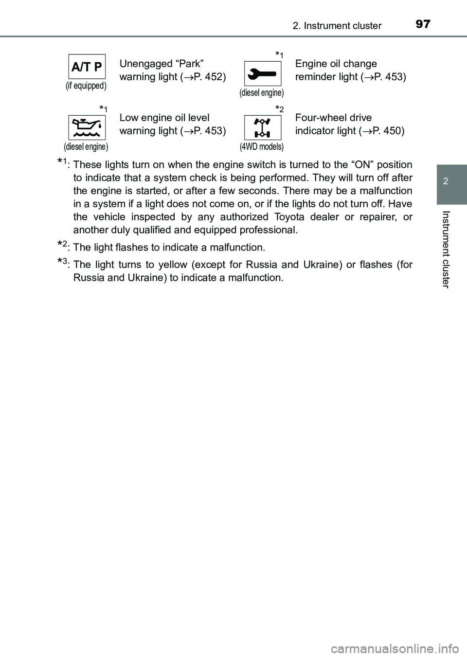 TOYOTA HILUX 2015  Owners Manual (in English) 972. Instrument cluster
2
Instrument cluster
HILUX_OM_OM0K219E_(EE)
*1: These lights turn on when the engine switch is turned to the “ON” positionto indicate that a system check is being performed