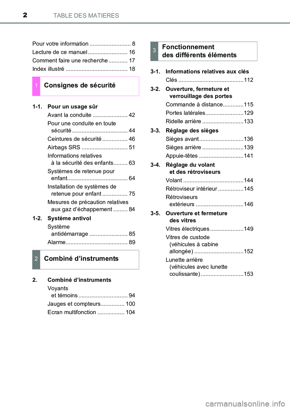 TOYOTA HILUX 2015  Notices Demploi (in French) TABLE DES MATIERES2
HILUX_OM_OM71213K_(EK)Pour votre information .......................... 8
Lecture de ce manuel ......................... 16
Comment faire une recherche ............ 17
Index illust