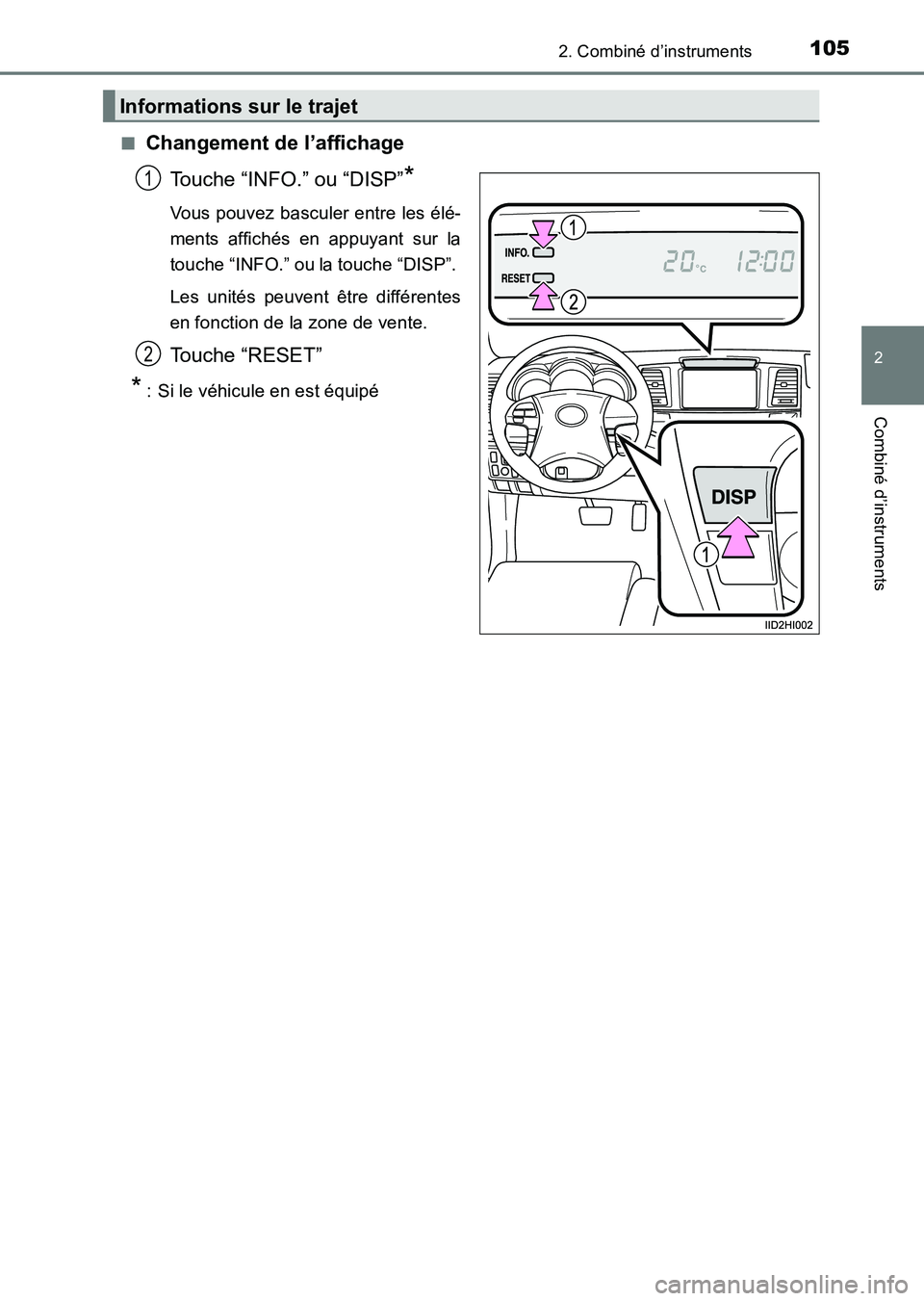 TOYOTA HILUX 2015  Notices Demploi (in French) 1052. Combiné d’instruments
2
Combiné d’instruments
HILUX_OM_OM71213K_(EK)■
Changement de l’affichage
Touche “INFO.” ou “DISP”
*
Vous pouvez basculer entre les élé-
ments affichés