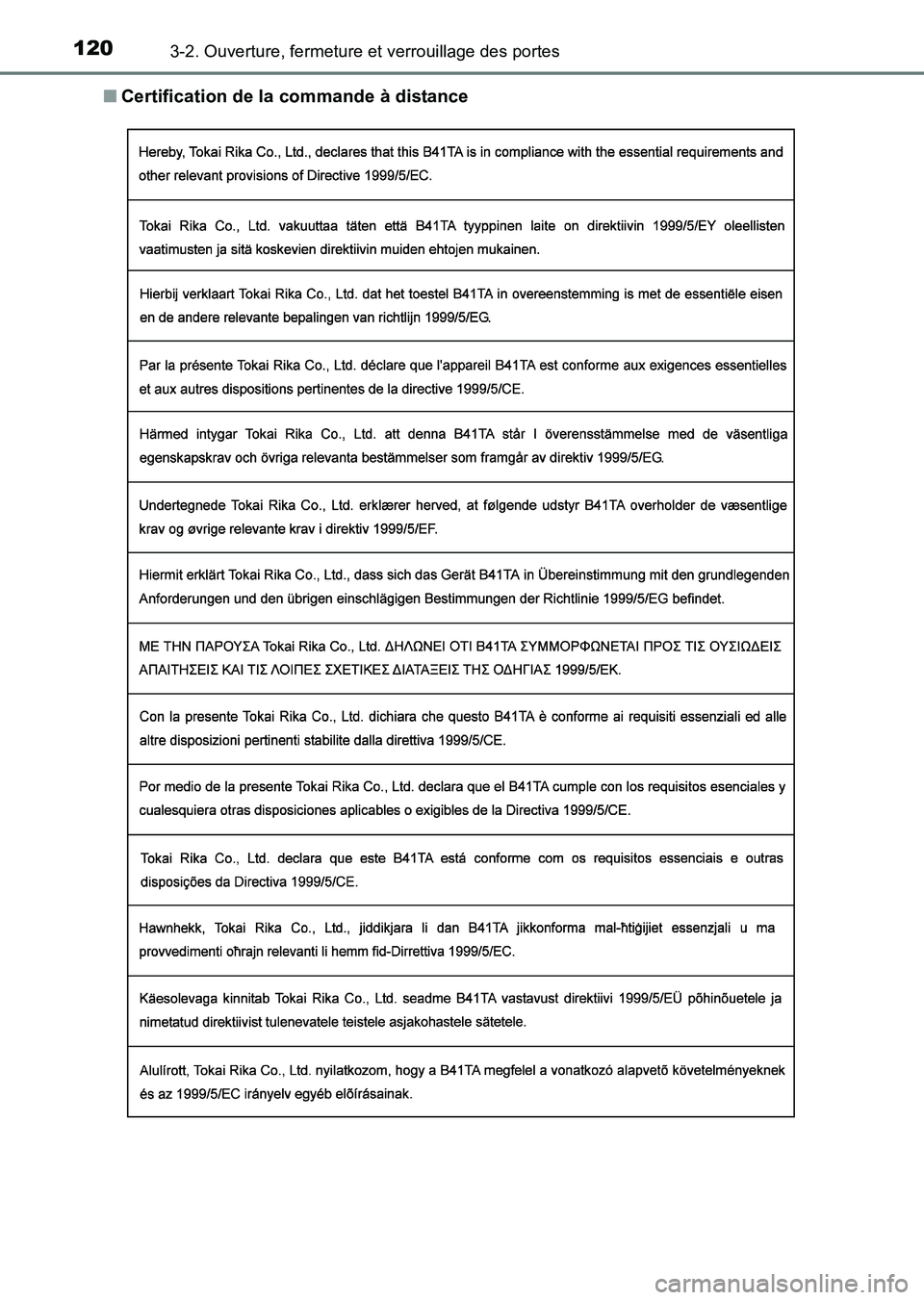 TOYOTA HILUX 2015  Notices Demploi (in French) 1203-2. Ouverture, fermeture et verrouillage des portes
HILUX_OM_OM71213K_(EK)■
Certification de la commande à distance
HILUX_OM_OM71213K_(EK).book  Page 120  Friday, May 9, 2014  5:4 3 PM 