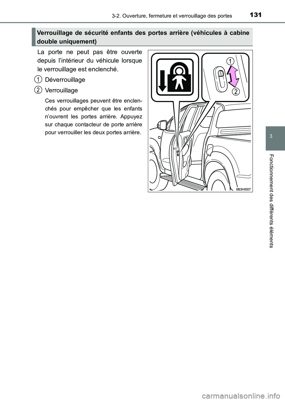 TOYOTA HILUX 2015  Notices Demploi (in French) 1313-2. Ouverture, fermeture et verrouillage des portes
3
Fonctionnement des différents éléments
HILUX_OM_OM71213K_(EK)
La porte ne peut pas être ouverte
depuis l’intérieur du véhicule lorsque