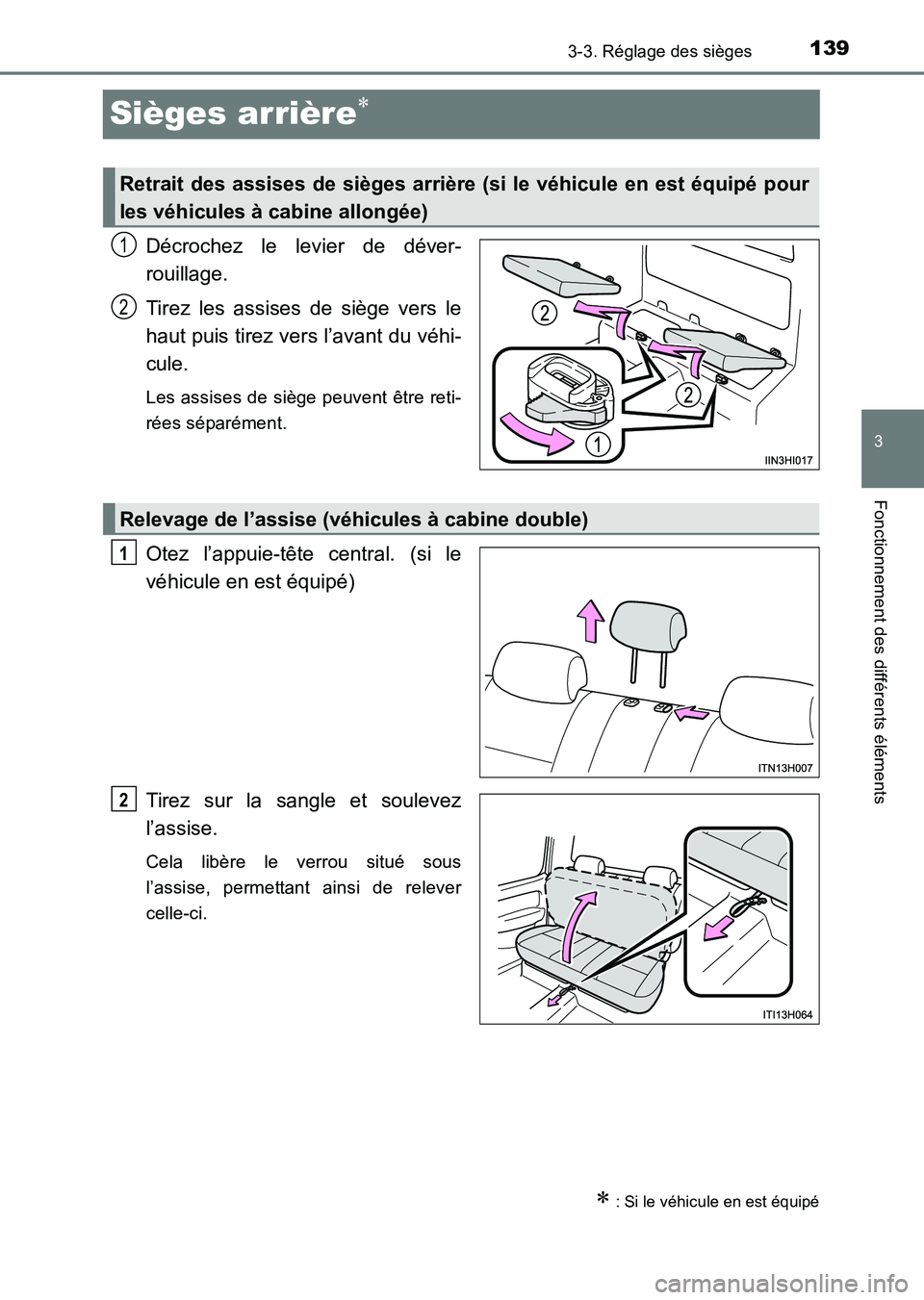 TOYOTA HILUX 2015  Notices Demploi (in French) 139
3
3-3. Réglage des sièges
Fonctionnement des différents éléments
HILUX_OM_OM71213K_(EK)
Sièges arrière∗
Décrochez le levier de déver-
rouillage.
Tirez les assises de siège vers le
haut