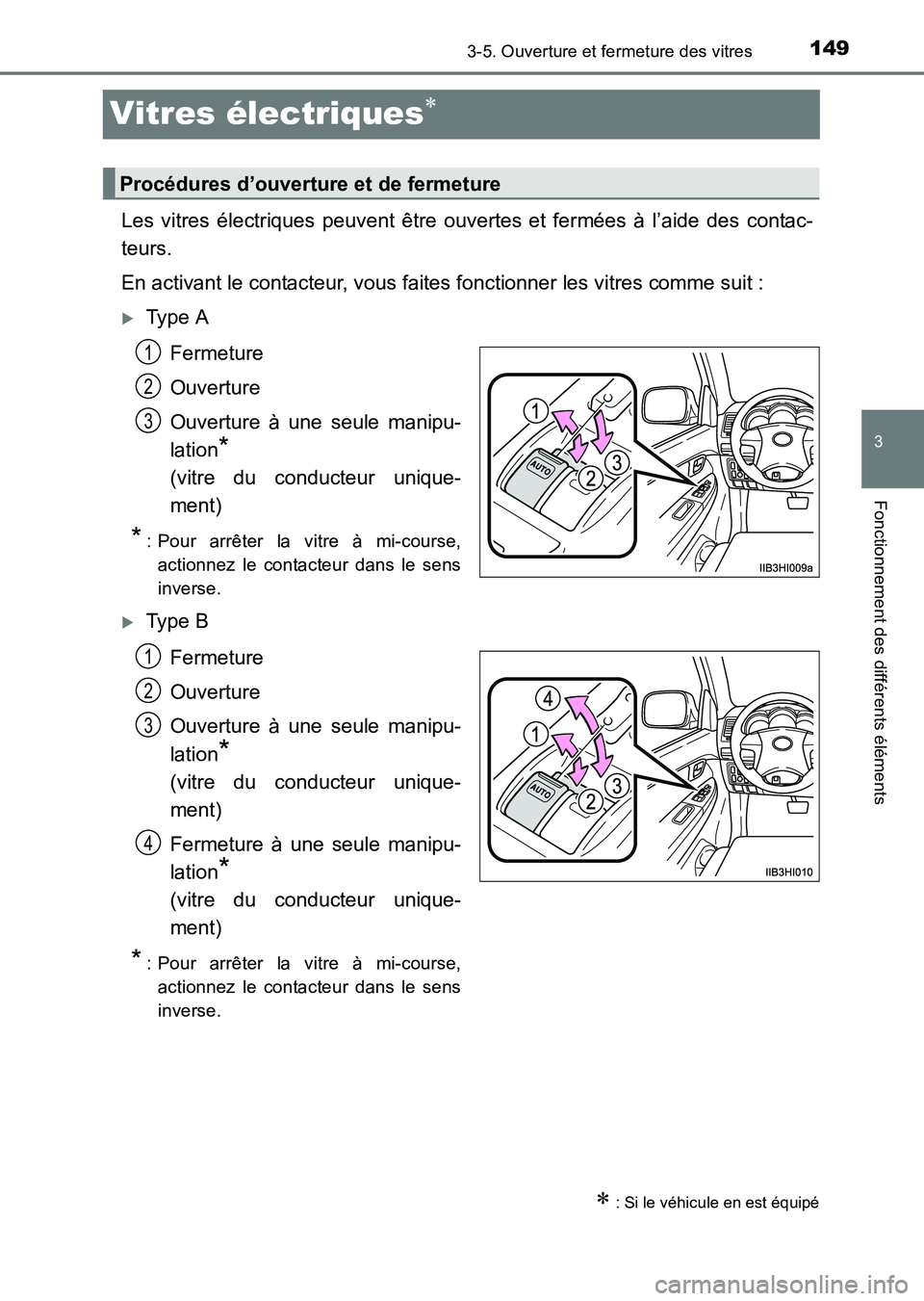 TOYOTA HILUX 2015  Notices Demploi (in French) 149
3
3-5. Ouverture et fermeture des vitres
Fonctionnement des différents éléments
HILUX_OM_OM71213K_(EK)
Vitres électriques∗
Les vitres électriques peuvent être ouvertes et fermées à l’a