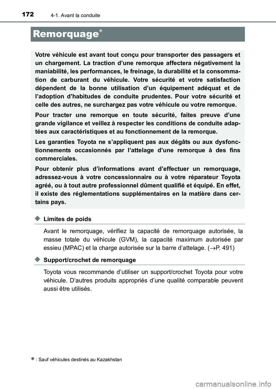 TOYOTA HILUX 2015  Notices Demploi (in French) 1724-1. Avant la conduite
HILUX_OM_OM71213K_(EK)
Remorquage∗
◆Limites de poids
Avant le remorquage, vérifiez la capacité de remorquage autorisée, la
masse totale du véhicule (GVM), la capacit
