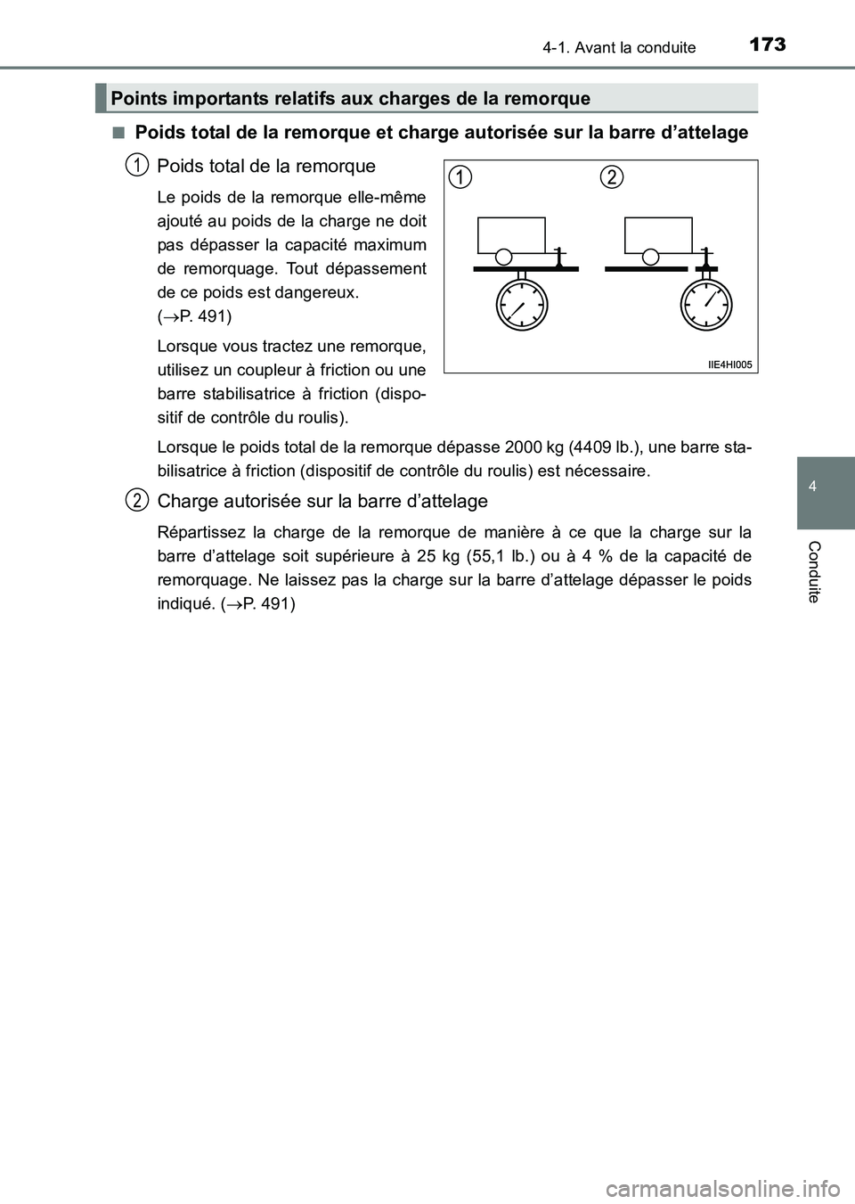 TOYOTA HILUX 2015  Notices Demploi (in French) 1734-1. Avant la conduite
4
Conduite
HILUX_OM_OM71213K_(EK)■
Poids total de la remorque et char
ge autorisée sur la barre d’attelage
Poids total de la remorque
Le poids de la remorque elle-même
