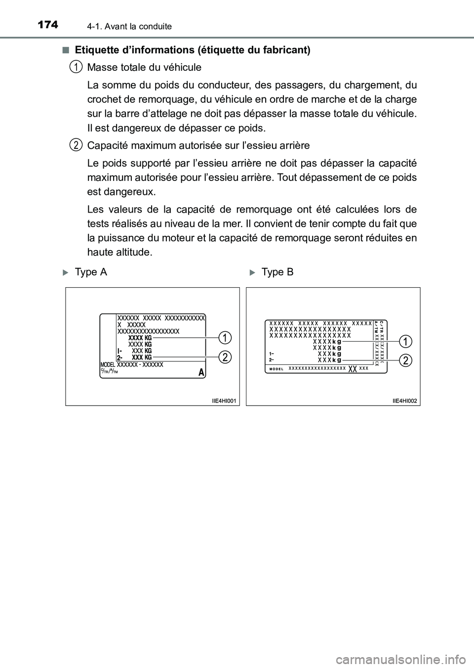 TOYOTA HILUX 2015  Notices Demploi (in French) 1744-1. Avant la conduite
HILUX_OM_OM71213K_(EK)■
Etiquette d’informations (étiquette du fabricant)
Masse totale du véhicule
La somme du poids du conducteur, des passagers, du chargement, du
cro