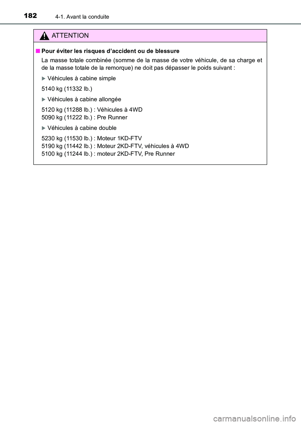 TOYOTA HILUX 2015  Notices Demploi (in French) 1824-1. Avant la conduite
HILUX_OM_OM71213K_(EK)
ATTENTION
■Pour éviter les risques d’accident ou de blessure
La masse totale combinée (somme de la masse de votre véhicule, de sa charge et
de l