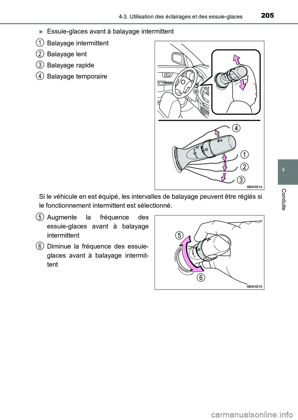 TOYOTA HILUX 2015  Notices Demploi (in French) 2054-3. Utilisation des éclairages et des essuie-glaces
4
Conduite
HILUX_OM_OM71213K_(EK)
�XEssuie-glaces avant à balayage intermittent
Balayage intermittent
Balayage lent
Balayage rapide
Balayage t