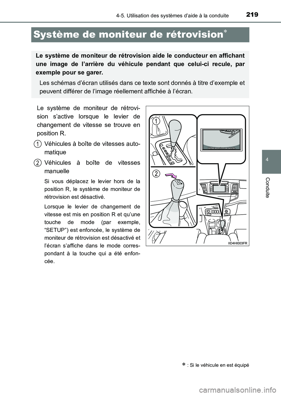 TOYOTA HILUX 2015  Notices Demploi (in French) 219
4
4-5. Utilisation des systèmes d’aide à la conduite
Conduite
HILUX_OM_OM71213K_(EK)
Système de moniteur de rétrovision∗
Le système de moniteur de rétrovi-
sion s’active lorsque le lev
