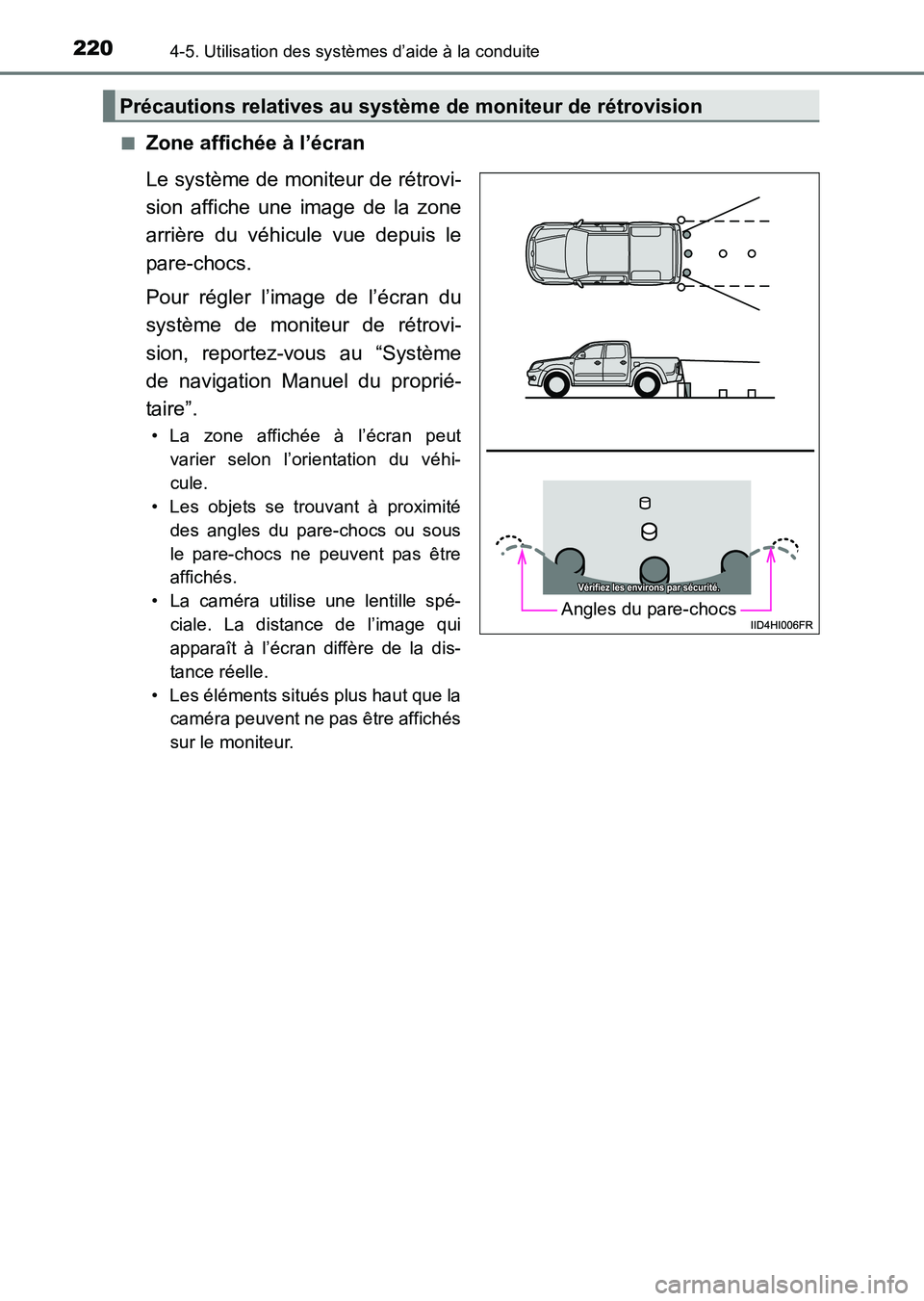 TOYOTA HILUX 2015  Notices Demploi (in French) 2204-5. Utilisation des systèmes d’aide à la conduite
HILUX_OM_OM71213K_(EK)■
Zone affichée à l’écran
Le système de moniteur de rétrovi-
sion affiche une image de la zone
arrière du véh
