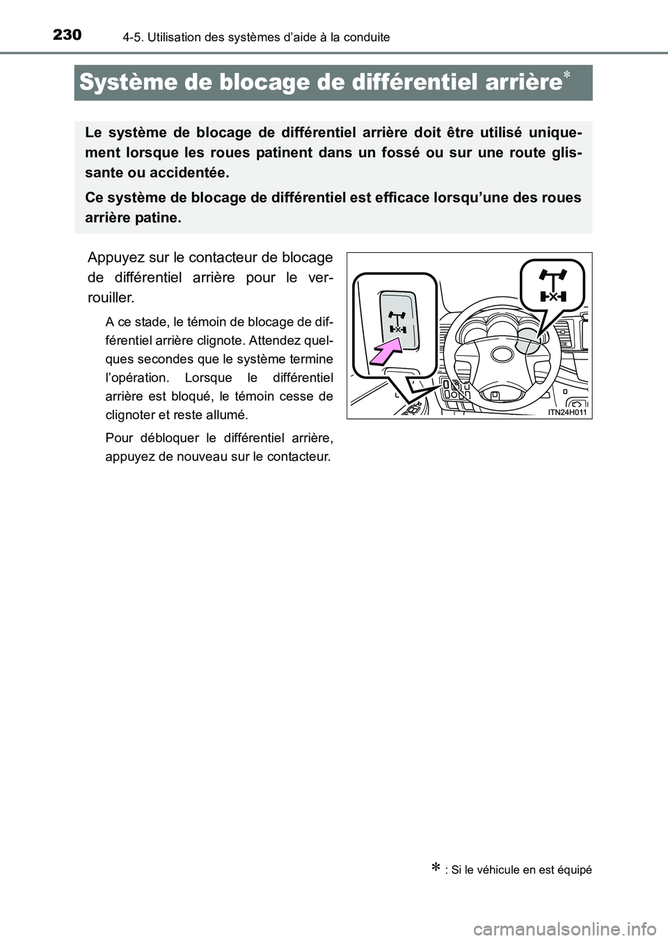TOYOTA HILUX 2015  Notices Demploi (in French) 2304-5. Utilisation des systèmes d’aide à la conduite
HILUX_OM_OM71213K_(EK)
Système de blocage de différentiel arrière∗
Appuyez sur le contacteur de blocage
de différentiel arrière pour le