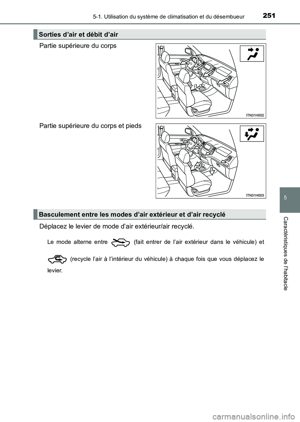 TOYOTA HILUX 2015  Notices Demploi (in French) 2515-1. Utilisation du système de climatisation et du désembueur
5
Caractéristiques de l’habitacle
HILUX_OM_OM71213K_(EK)
Partie supérieure du corps
Partie supérieure du corps et pieds
Déplace