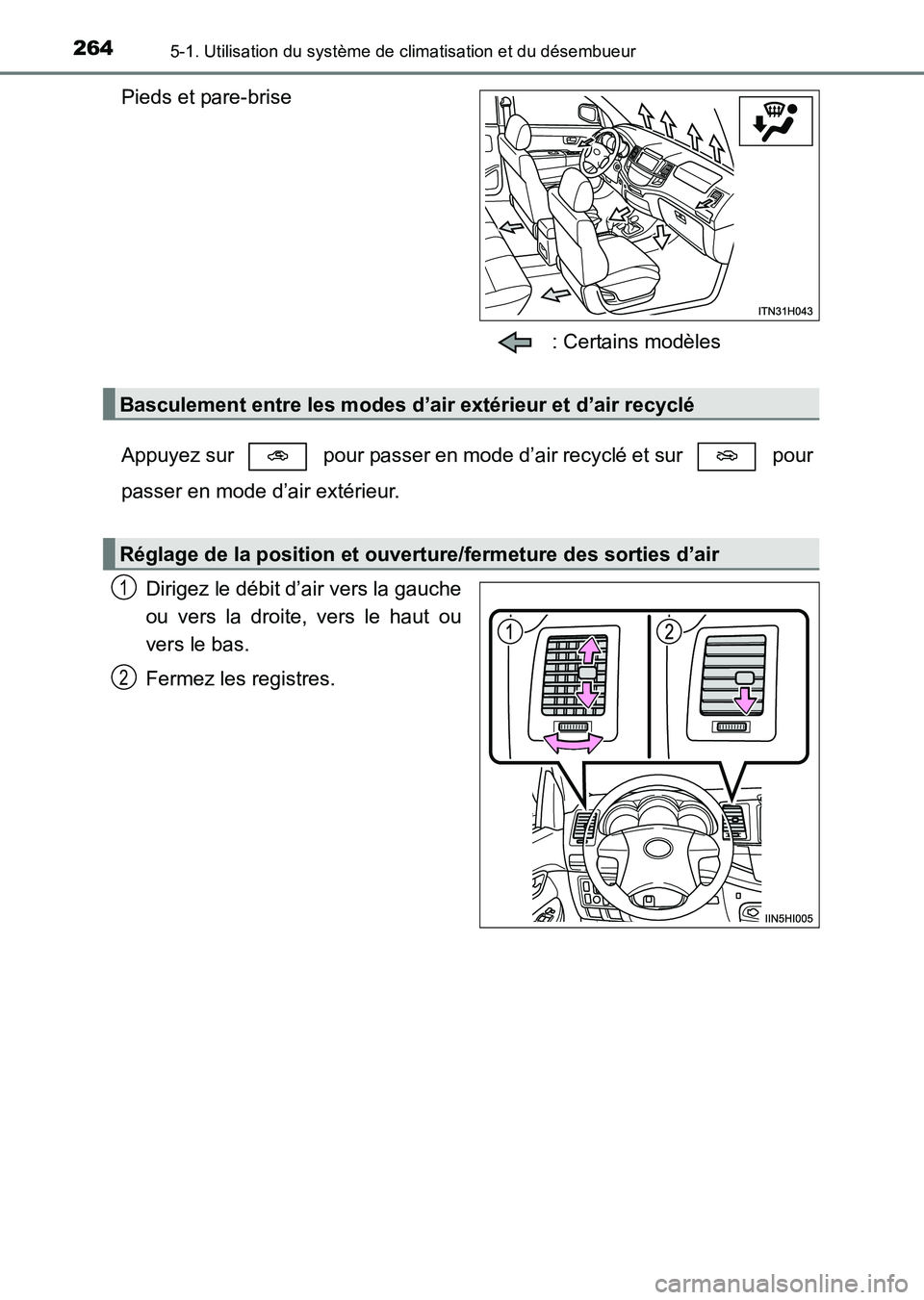 TOYOTA HILUX 2015  Notices Demploi (in French) 2645-1. Utilisation du système de climatisation et du désembueur
HILUX_OM_OM71213K_(EK)
Pieds et pare-brise : Certains modèles
Appuyez sur   pour passer en mode d’air recyclé et sur   pour
passe
