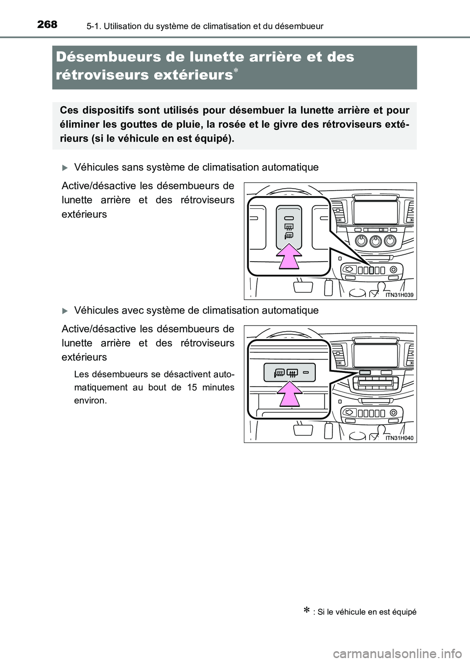 TOYOTA HILUX 2015  Notices Demploi (in French) 2685-1. Utilisation du système de climatisation et du désembueur
HILUX_OM_OM71213K_(EK)
Désembueurs de lunette arrière et des 
rétroviseurs extérieurs
∗
�XVéhicules sans système de climatisa