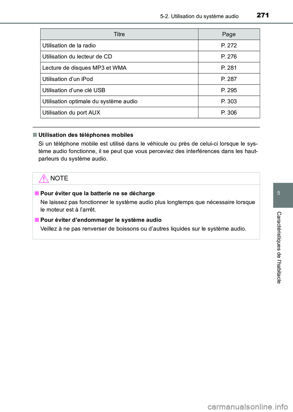 TOYOTA HILUX 2015  Notices Demploi (in French) 2715-2. Utilisation du système audio
5
Caractéristiques de l’habitacle
HILUX_OM_OM71213K_(EK)
■Utilisation des téléphones mobiles
Si un téléphone mobile est utilisé dans le véhicule ou pr�