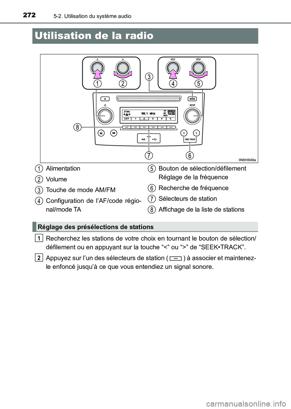 TOYOTA HILUX 2015  Notices Demploi (in French) 2725-2. Utilisation du système audio
HILUX_OM_OM71213K_(EK)
Utilisation de la radio
Recherchez les stations de votre choix en tournant le bouton de sélection/
défilement ou en appuyant sur la touch