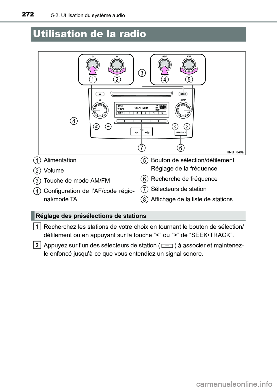 TOYOTA HILUX 2015 Notices Demploi (in French) 2725-2. Utilisation du système audio
HILUX_OM_OM71213K_(EK)
Utilisation de la radio
Recherchez les stations de votre choix en tournant le bouton de sélection/
défilement ou en appuyant sur la touch TOYOTA HILUX 2015 Notices Demploi (in French) 2725-2. Utilisation du système audio
HILUX_OM_OM71213K_(EK)
Utilisation de la radio
Recherchez les stations de votre choix en tournant le bouton de sélection/
défilement ou en appuyant sur la touch
