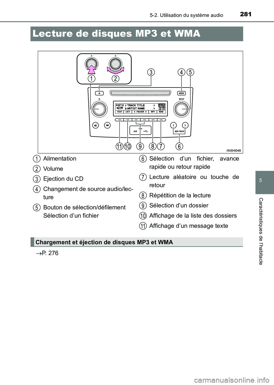 TOYOTA HILUX 2015 Notices Demploi (in French) 281
5
5-2. Utilisation du système audio
Caractéristiques de l’habitacle
HILUX_OM_OM71213K_(EK)
Lecture de disques MP3 et WMA
→P. 276
Alimentation
Volume
Ejection du CD
Changement de source audio TOYOTA HILUX 2015 Notices Demploi (in French) 281
5
5-2. Utilisation du système audio
Caractéristiques de l’habitacle
HILUX_OM_OM71213K_(EK)
Lecture de disques MP3 et WMA
→P. 276
Alimentation
Volume
Ejection du CD
Changement de source audio