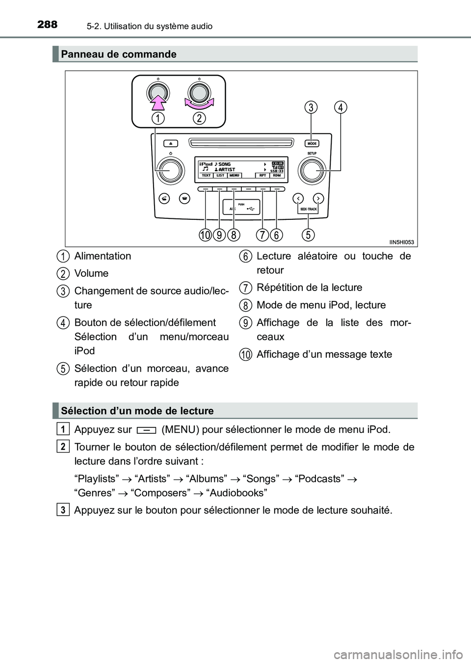 TOYOTA HILUX 2015 Notices Demploi (in French) 2885-2. Utilisation du système audio
HILUX_OM_OM71213K_(EK)
Appuyez sur (MENU) pour sélectionner le mode de menu iPod.
Tourner le bouton de sélection/défilement permet de modifier le mode de
lec TOYOTA HILUX 2015 Notices Demploi (in French) 2885-2. Utilisation du système audio
HILUX_OM_OM71213K_(EK)
Appuyez sur (MENU) pour sélectionner le mode de menu iPod.
Tourner le bouton de sélection/défilement permet de modifier le mode de
lec