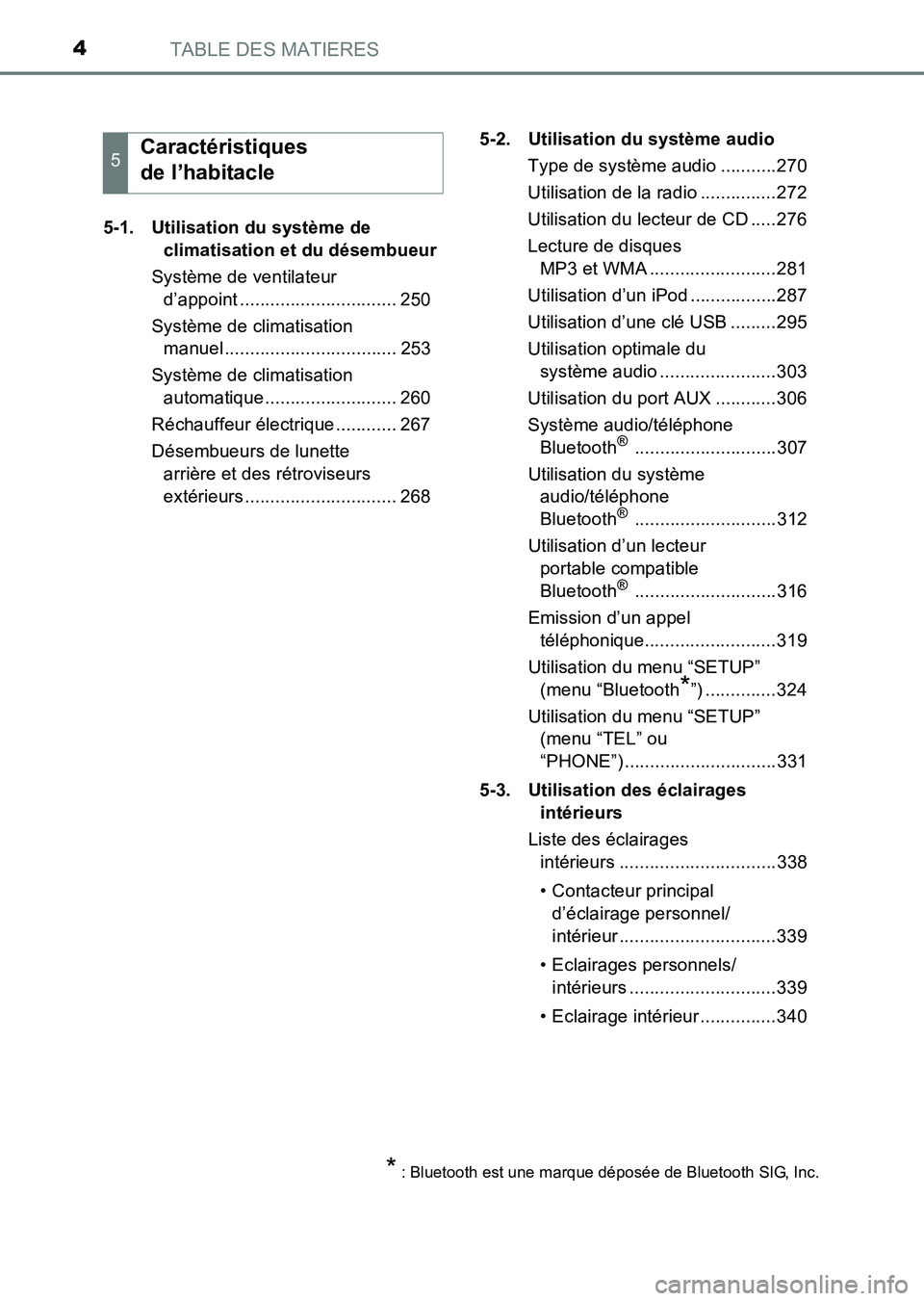 TOYOTA HILUX 2015  Notices Demploi (in French) TABLE DES MATIERES4
HILUX_OM_OM71213K_(EK)5-1. Utilisation du système de 
climatisation et du désembueur
Système de ventilateur  d’appoint ............................... 250
Système de climatis