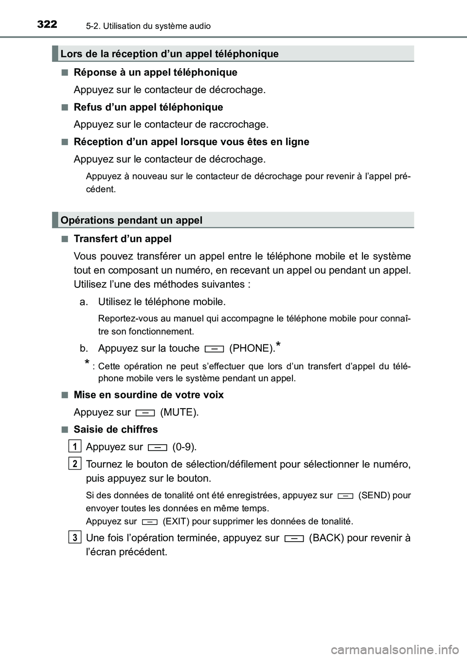 TOYOTA HILUX 2015  Notices Demploi (in French) 3225-2. Utilisation du système audio
HILUX_OM_OM71213K_(EK)■
Réponse à un appel téléphonique
Appuyez sur le contacteur de décrochage.
■Refus d’un appel téléphonique
Appuyez sur le contac