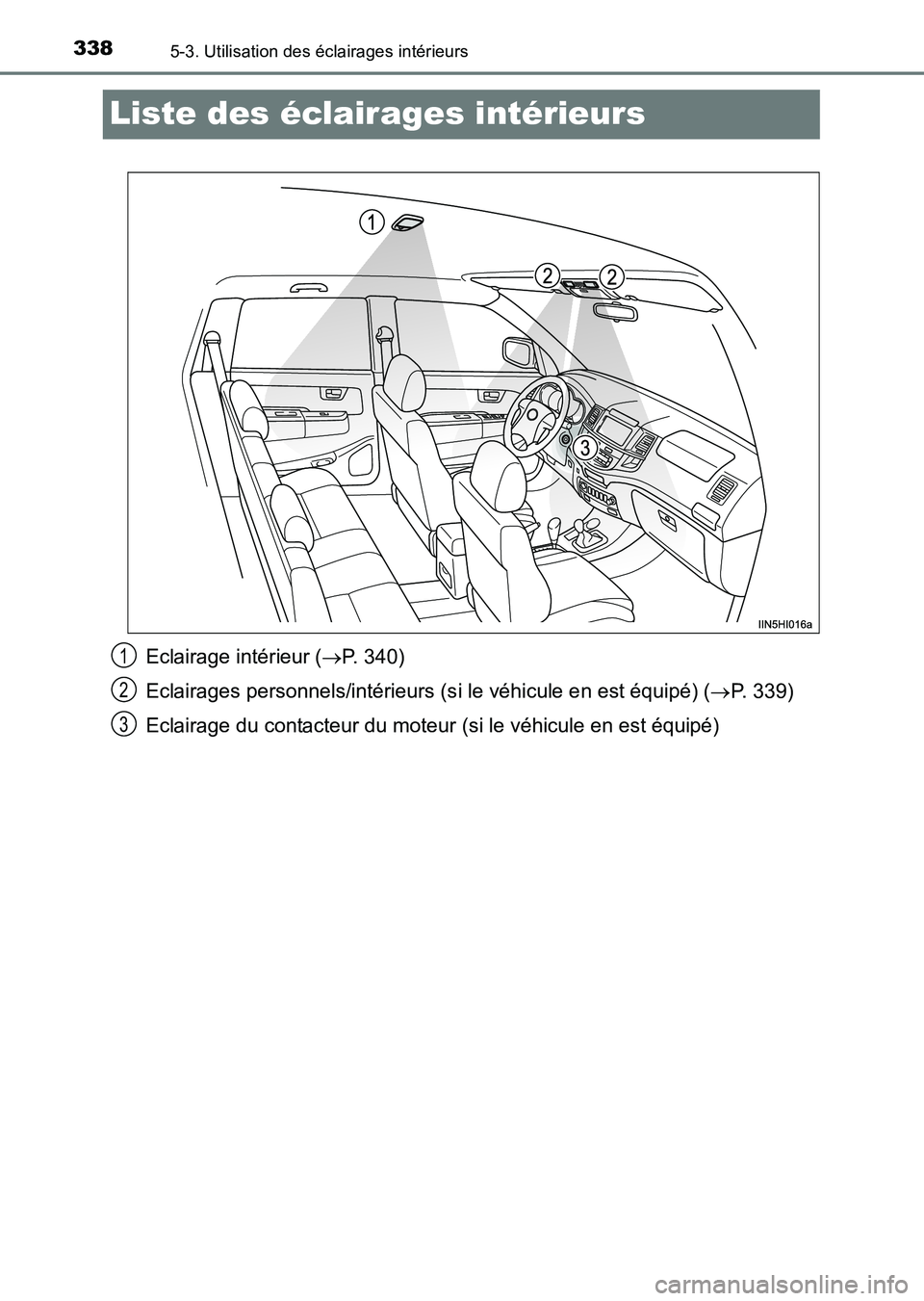 TOYOTA HILUX 2015  Notices Demploi (in French) 3385-3. Utilisation des éclairages intérieurs
HILUX_OM_OM71213K_(EK)
Liste des éclairages intérieurs
Eclairage intérieur ( →P. 340)
Eclairages personnels/intérieurs (s i le véhicule en est é
