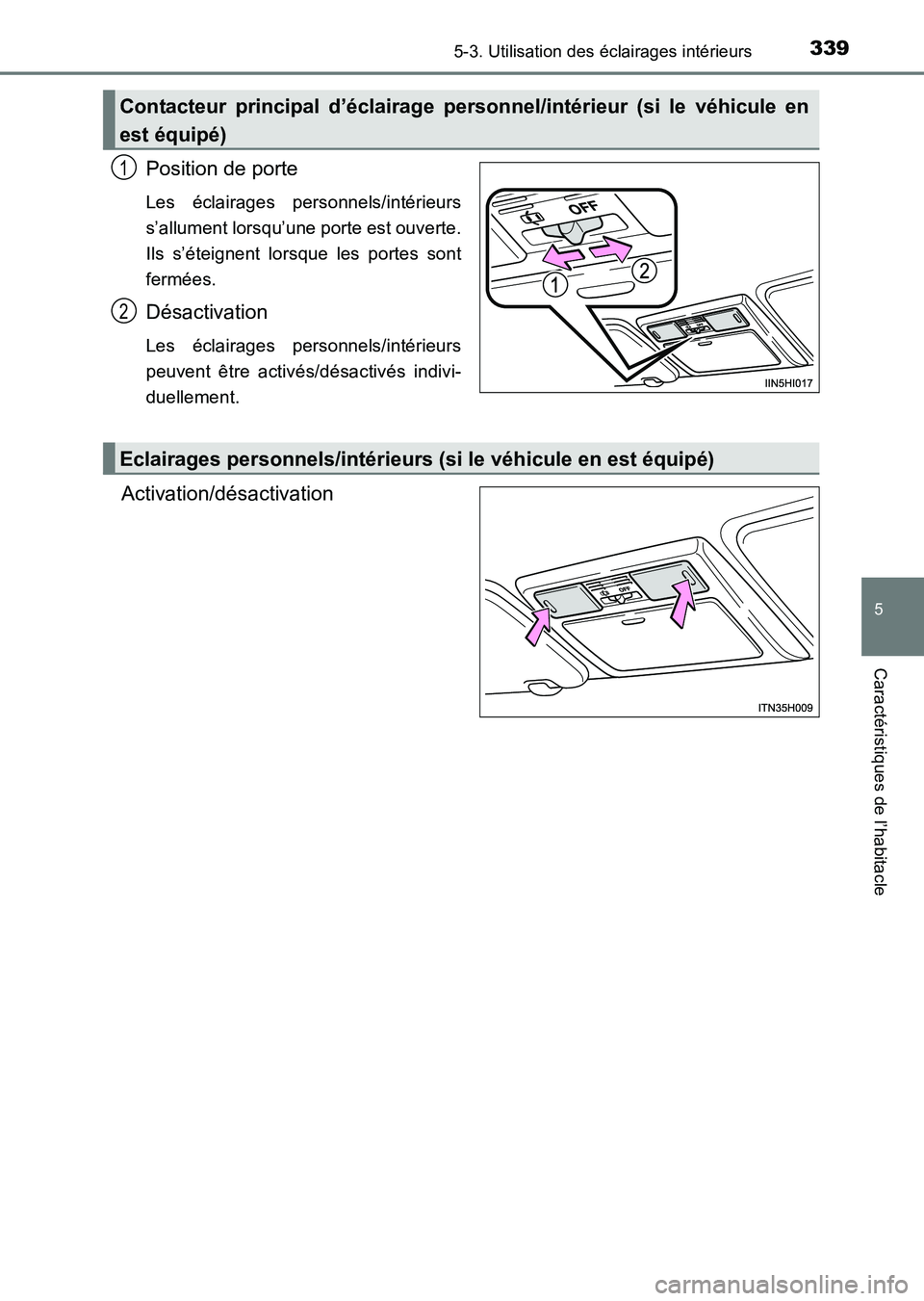TOYOTA HILUX 2015  Notices Demploi (in French) 3395-3. Utilisation des éclairages intérieurs
5
Caractéristiques de l’habitacle
HILUX_OM_OM71213K_(EK)
Position de porte
Les éclairages personnels/intérieurs
s’allument lorsqu’une porte est