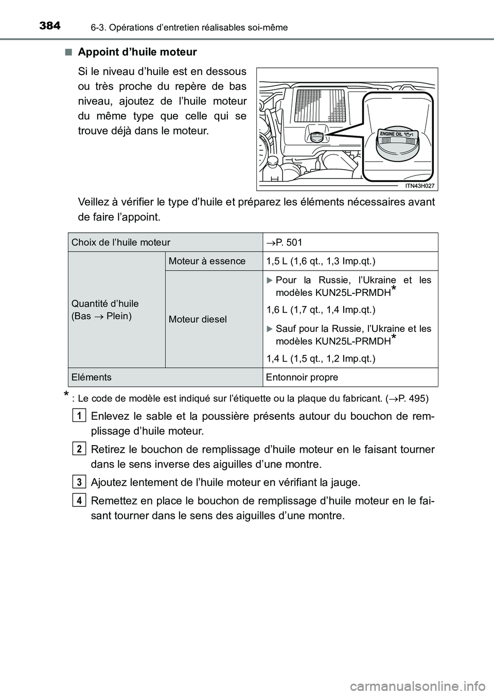 TOYOTA HILUX 2015  Notices Demploi (in French) 3846-3. Opérations d’entretien réalisables soi-même
HILUX_OM_OM71213K_(EK)■
Appoint d’huile moteur
Si le niveau d’huile est en dessous
ou très proche du repère de bas
niveau, ajoutez de l