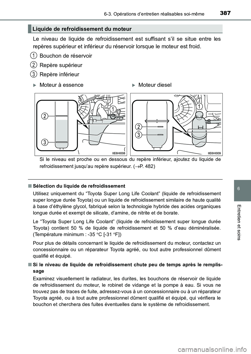 TOYOTA HILUX 2015  Notices Demploi (in French) 3876-3. Opérations d’entretien réalisables soi-même
6
Entretien et soins
HILUX_OM_OM71213K_(EK)
Le niveau de liquide de refroidissement est suffisant s’il se situe entre les
repères supérieur