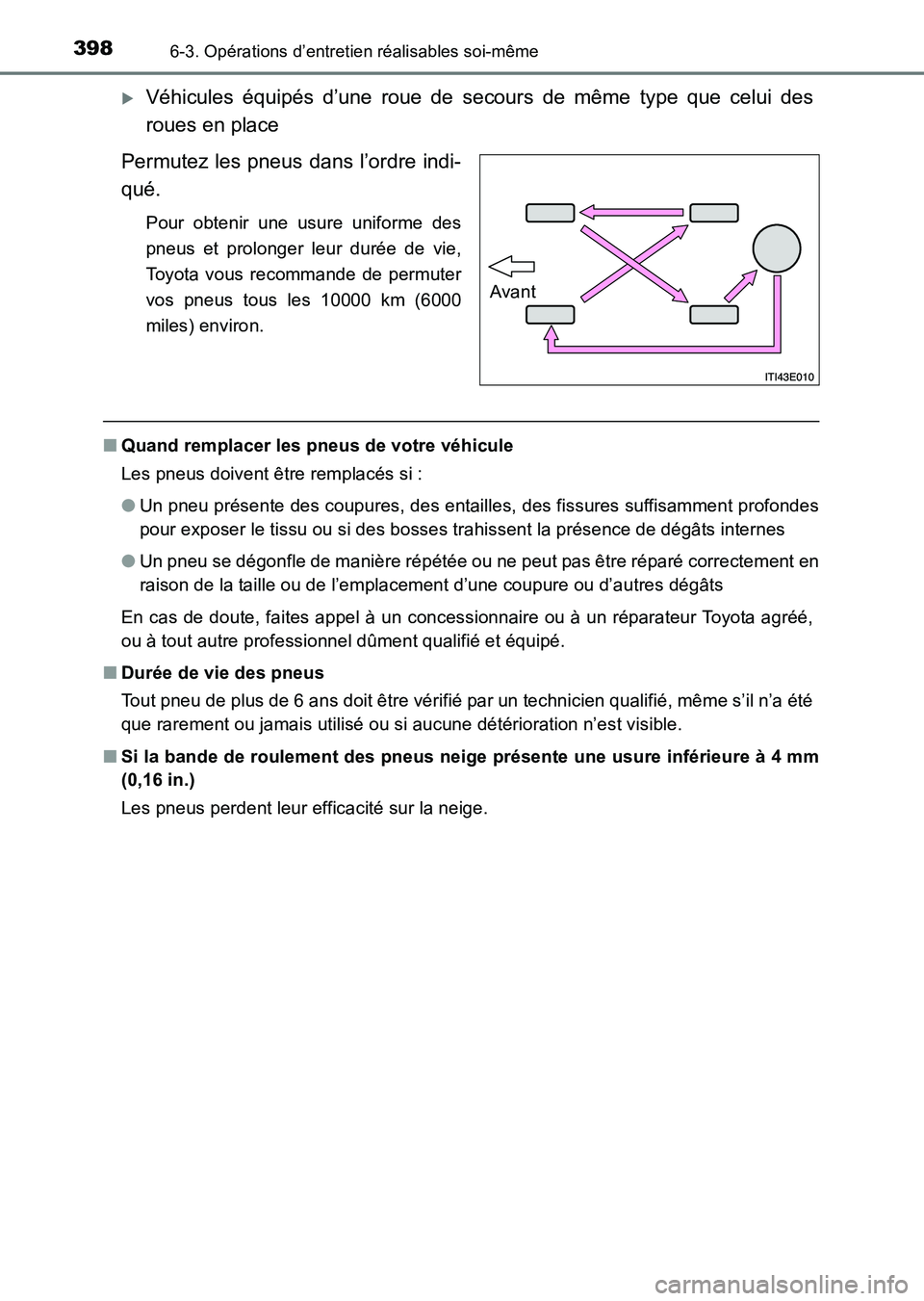 TOYOTA HILUX 2015  Notices Demploi (in French) 3986-3. Opérations d’entretien réalisables soi-même
HILUX_OM_OM71213K_(EK)
�XVéhicules équipés d’une roue de secours de même type que celui des
roues en place
Permutez les pneus dans l’or