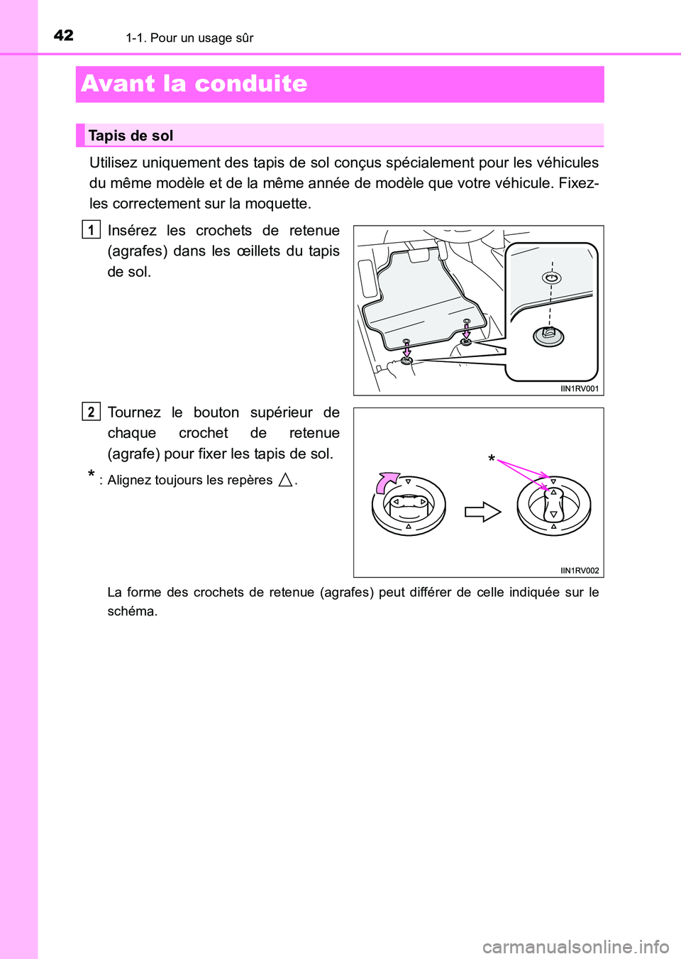 TOYOTA HILUX 2015 Notices Demploi (in French) 421-1. Pour un usage sûr
HILUX_OM_OM71213K_(EK)
Avant la conduite
Utilisez uniquement des tapis de sol conçus spécialement pour les véhicules
du même modèle et de la même année de modèle que TOYOTA HILUX 2015 Notices Demploi (in French) 421-1. Pour un usage sûr
HILUX_OM_OM71213K_(EK)
Avant la conduite
Utilisez uniquement des tapis de sol conçus spécialement pour les véhicules
du même modèle et de la même année de modèle que
