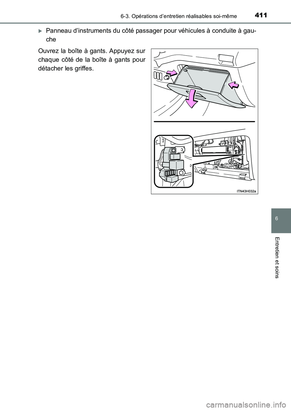 TOYOTA HILUX 2015  Notices Demploi (in French) 4116-3. Opérations d’entretien réalisables soi-même
6
Entretien et soins
HILUX_OM_OM71213K_(EK)
�XPanneau d’instruments du côté passager pour véhicules à conduite à gau-
che
Ouvrez la boî