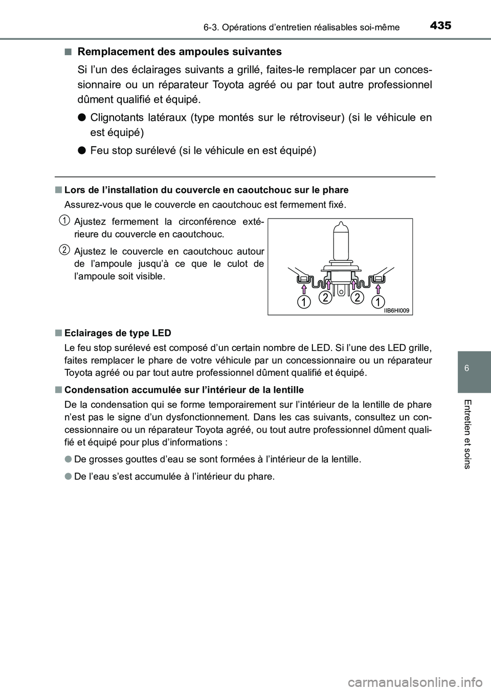 TOYOTA HILUX 2015  Notices Demploi (in French) 4356-3. Opérations d’entretien réalisables soi-même
6
Entretien et soins
HILUX_OM_OM71213K_(EK)■
Remplacement des ampoules suivantes
Si l’un des éclairages suivants a grillé, faites-le remp