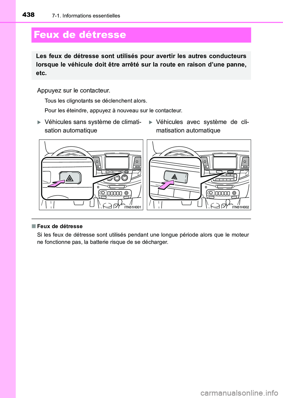 TOYOTA HILUX 2015  Notices Demploi (in French) 4387-1. Informations essentielles
HILUX_OM_OM71213K_(EK)
Feux de détresse
Appuyez sur le contacteur.
Tous les clignotants se déclenchent alors.
Pour les éteindre, appuyez à nouveau sur le contacte