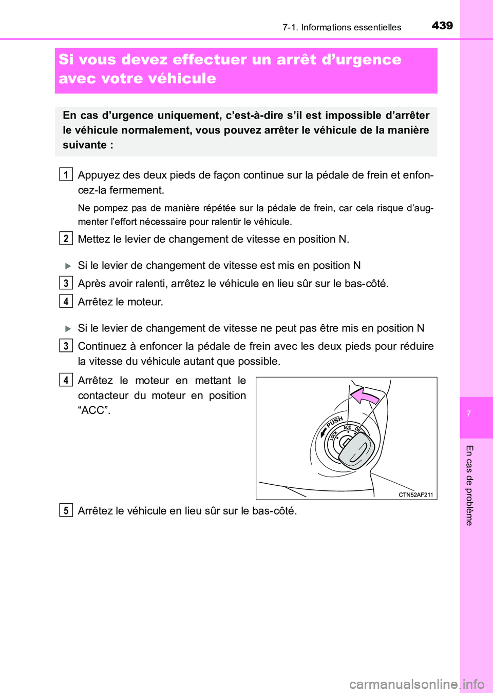 TOYOTA HILUX 2015  Notices Demploi (in French) 439
7
7-1. Informations essentielles
En cas de problème
HILUX_OM_OM71213K_(EK)
Si vous devez effectuer un arrêt d’urgence 
avec votre véhicule
Appuyez des deux pieds de façon continue sur la pé