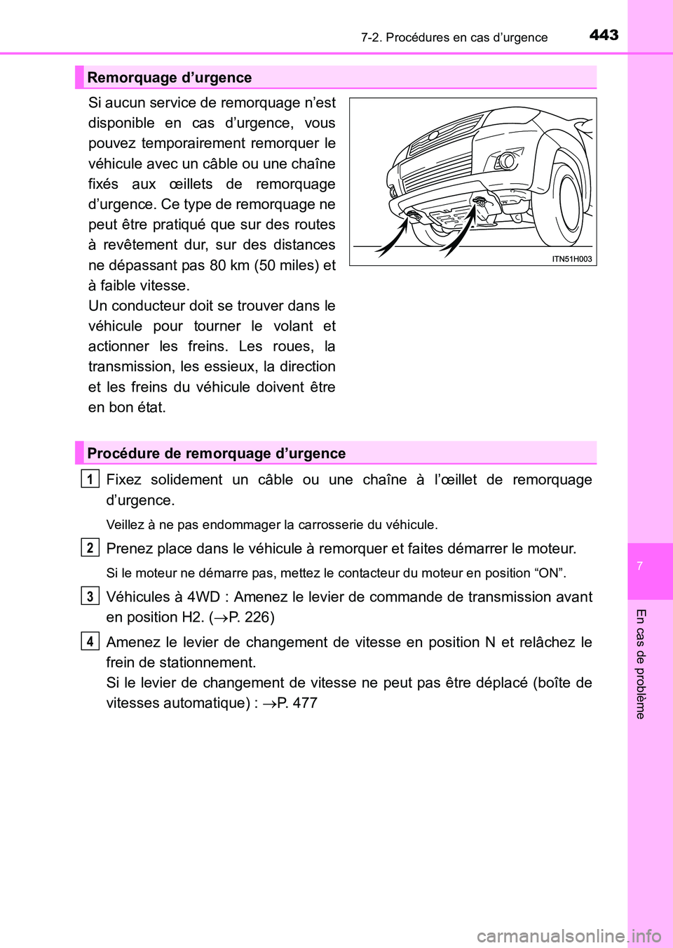 TOYOTA HILUX 2015  Notices Demploi (in French) 4437-2. Procédures en cas d’urgence
7
En cas de problème
HILUX_OM_OM71213K_(EK)
Si aucun service de remorquage n’est
disponible en cas d’urgence, vous
pouvez temporairement remorquer le
véhic