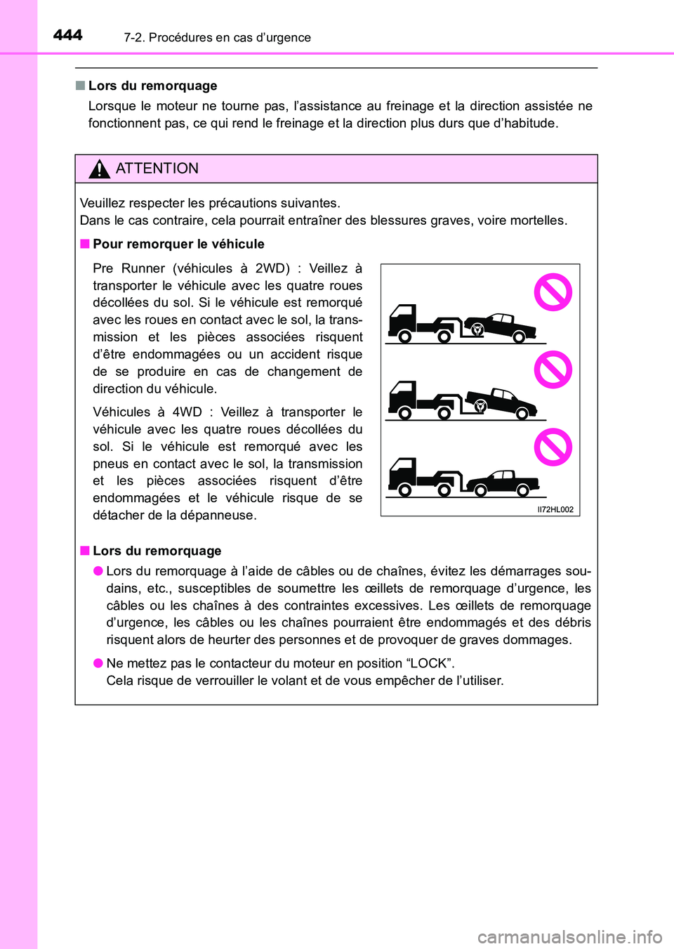 TOYOTA HILUX 2015  Notices Demploi (in French) 4447-2. Procédures en cas d’urgence
HILUX_OM_OM71213K_(EK)
■Lors du remorquage
Lorsque le moteur ne tourne pas, l’assistance au freinage et la direction assistée ne
fonctionnent pas, ce qui re