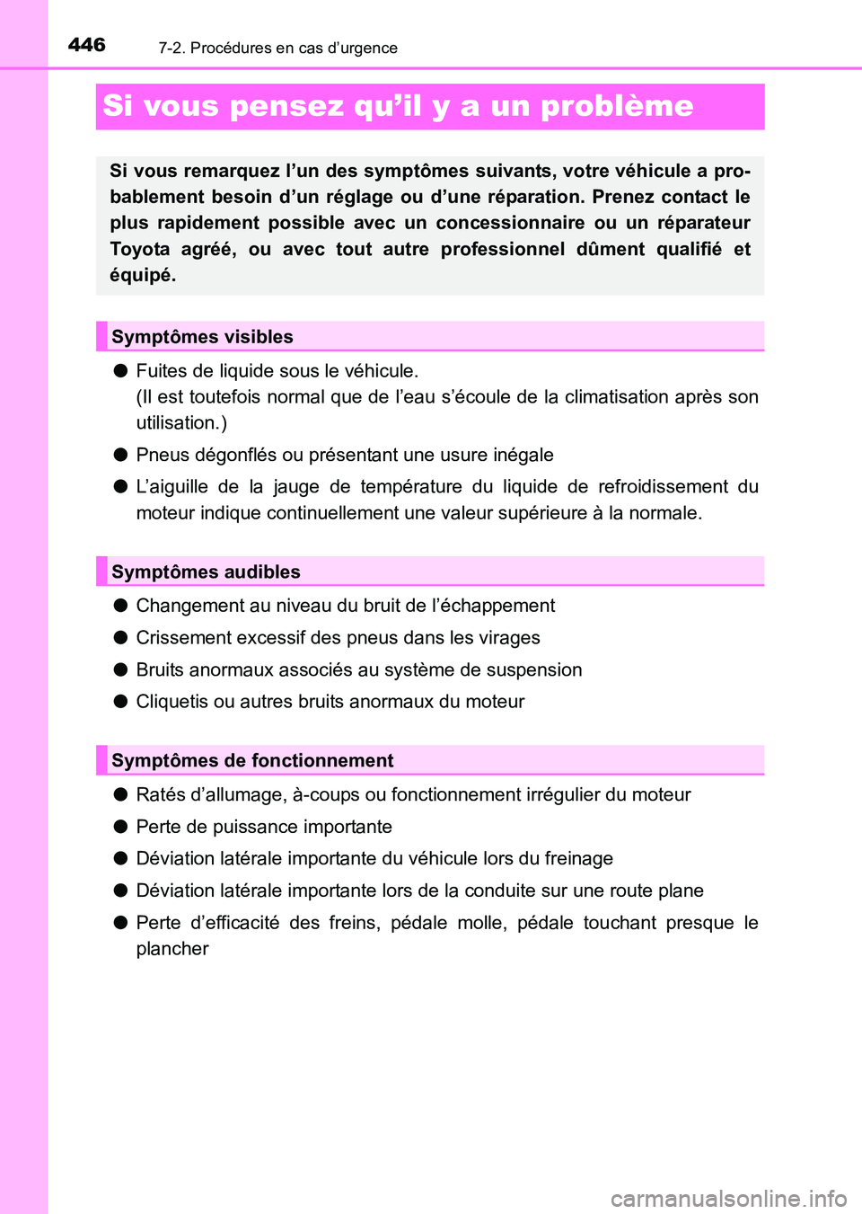TOYOTA HILUX 2015  Notices Demploi (in French) 4467-2. Procédures en cas d’urgence
HILUX_OM_OM71213K_(EK)
Si vous pensez qu’il y a un problème
●Fuites de liquide sous le véhicule. 
(Il est toutefois normal que de l’eau s’écoule de la