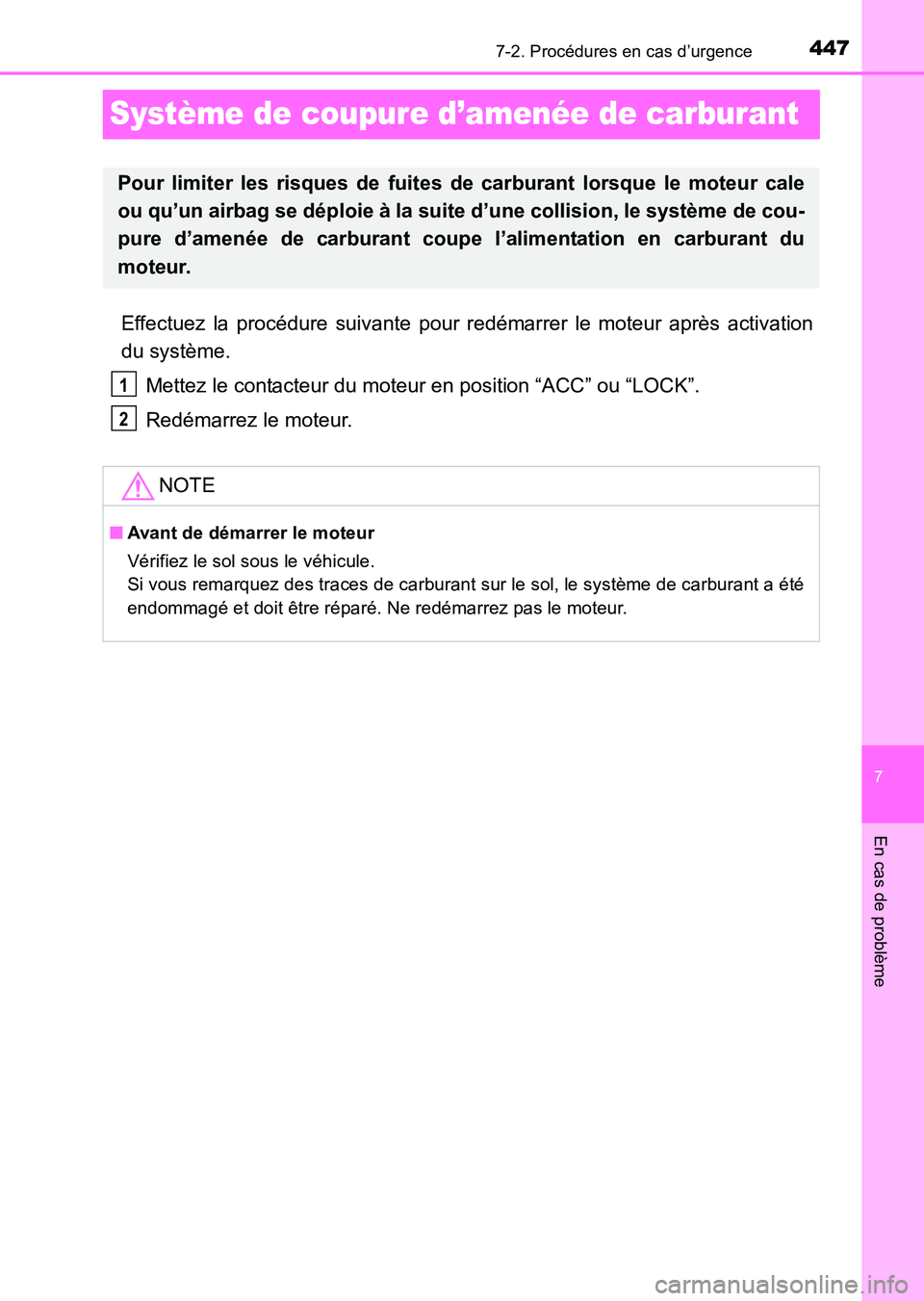 TOYOTA HILUX 2015  Notices Demploi (in French) 447
7
7-2. Procédures en cas d’urgence
En cas de problème
HILUX_OM_OM71213K_(EK)
Système de coupure d’amenée de carburant
Effectuez la procédure suivante pour redémarrer le moteur après act