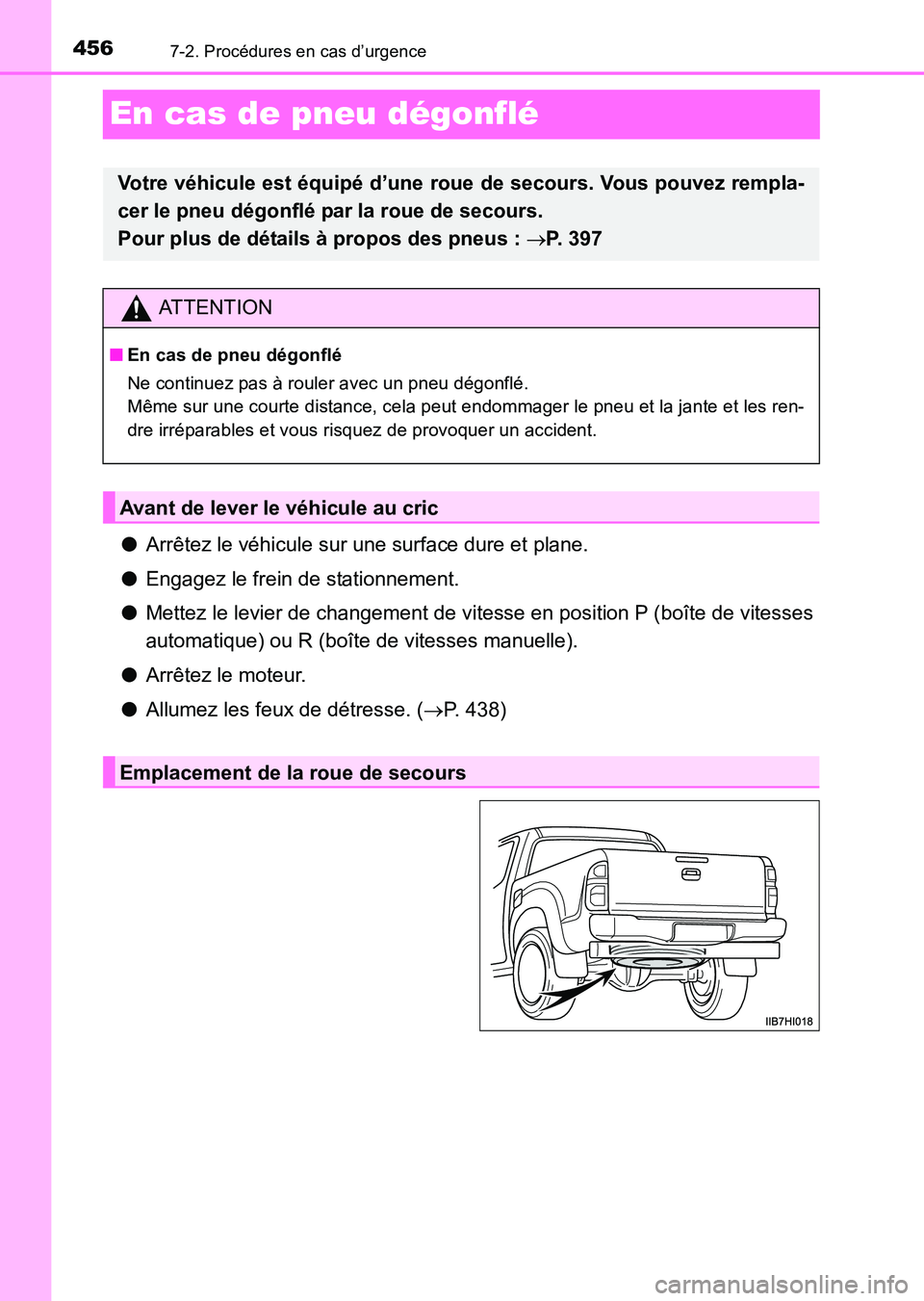 TOYOTA HILUX 2015  Notices Demploi (in French) 4567-2. Procédures en cas d’urgence
HILUX_OM_OM71213K_(EK)
En cas de pneu dégonflé
●Arrêtez le véhicule sur une surface dure et plane.
● Engagez le frein de stationnement.
● Mettez le lev