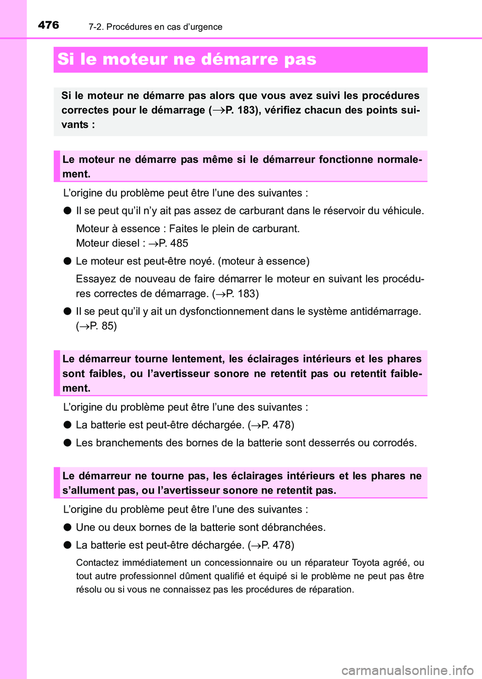 TOYOTA HILUX 2015  Notices Demploi (in French) 4767-2. Procédures en cas d’urgence
HILUX_OM_OM71213K_(EK)
Si le moteur ne démarre pas
L’origine du problème peut être l’une des suivantes :
●Il se peut qu’il n’y ait pas assez de carb