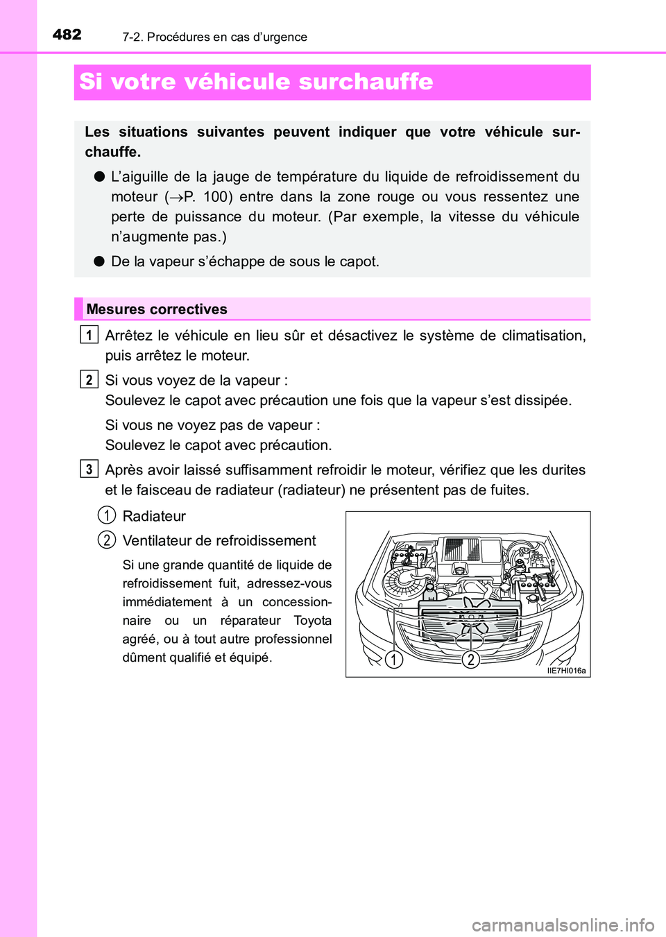 TOYOTA HILUX 2015  Notices Demploi (in French) 4827-2. Procédures en cas d’urgence
HILUX_OM_OM71213K_(EK)
Si votre véhicule surchauffe
Arrêtez le véhicule en lieu sûr et désactivez le système de climatisation,
puis arrêtez le moteur.
Si 