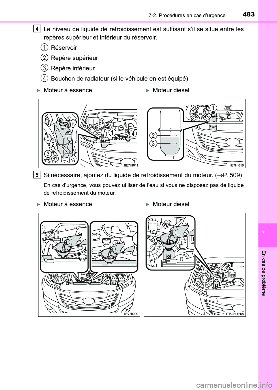 TOYOTA HILUX 2015  Notices Demploi (in French) 4837-2. Procédures en cas d’urgence
7
En cas de problème
HILUX_OM_OM71213K_(EK)
Le niveau de liquide de refroidissement est suffisant s’il se situe entre les
repères supérieur et inférieur du